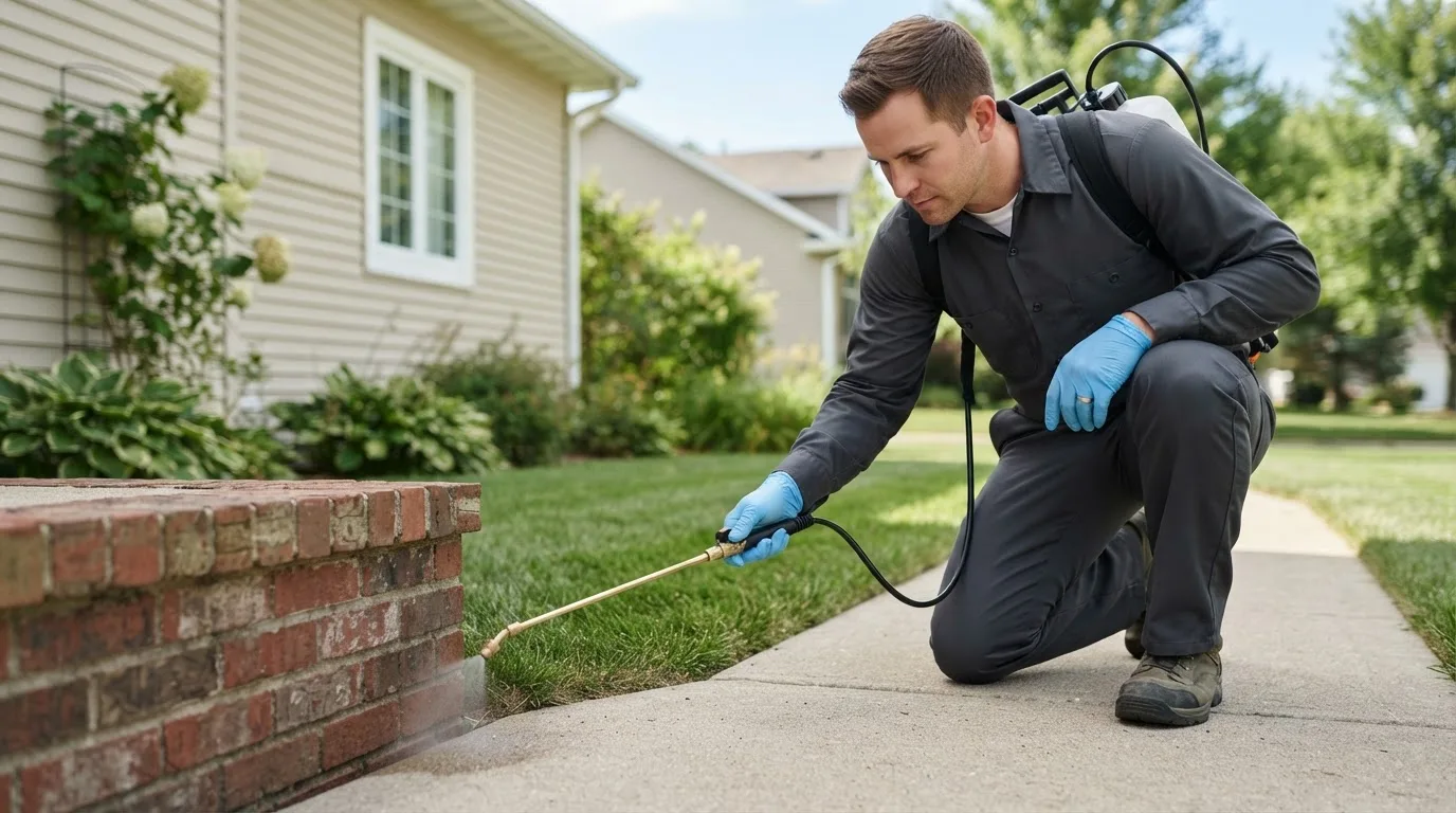 Pest control technician treating a home near Tilly, AR